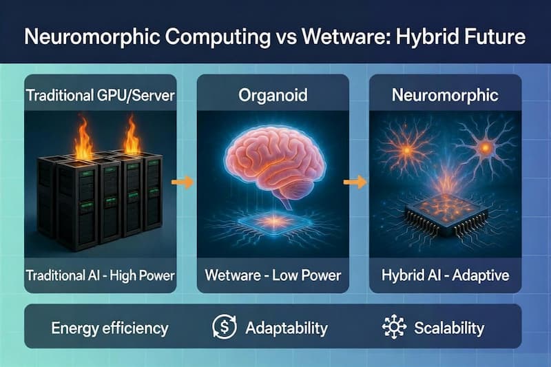 From power-hungry GPUs to low-power wetware to adaptive hybrid AI — the three-stage evolution of brain-inspired computing.